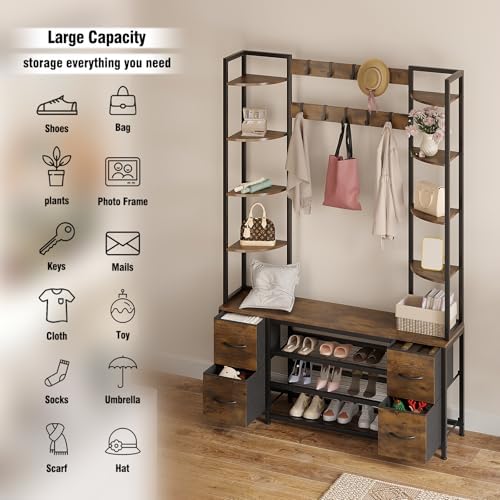 GiftGo Hall Tree with Bench and Shoe Storage 47.2" Entryway Coat Rack Freestanding with Seat 9 Adjustable Hooks 4-Tier Shelves 2 Drawers on Both Sides for Home Office Bedroom - Image 3