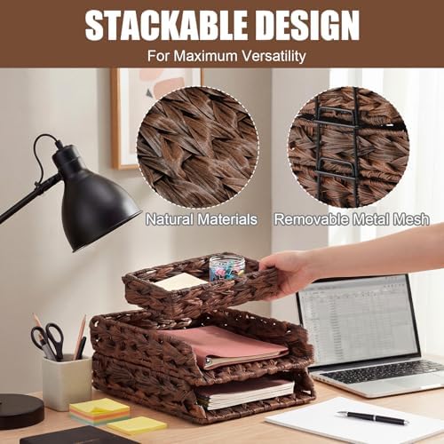 Geelin 3 Pack Water Hyacinth Woven Stackable Letter Paper Tray, Brown - Image 4