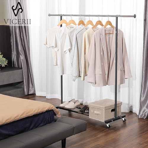 VICERII Clothes Rack, 130LB Capacity Heavy Duty Clothing Rack with Wheels and Bottom Shelf, 52.17 Inch Rolling Racks for Hanging Clothes, Coats, Shirts, Sweaters, Skirts, Dress, Black - Image 2