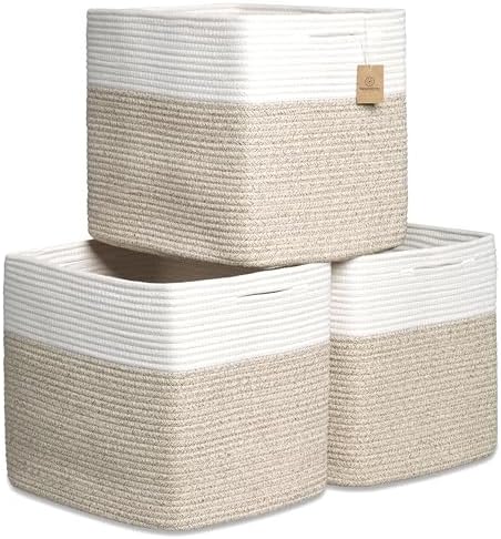 NaturalCozy 13x15x13 Kallax Storage Cubes Bins, 3 Pack | Cotton Rope Cube Storage Bin Woven Baskets for Organizing | Kallax Insert Storage Baskets for Shelves Organizer, Kids Toy, Closet Baby Nursery by NaturalCozy