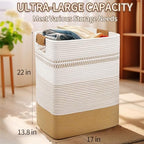 Laundry Hamper, 85L Cotton Rope Laundry Basket, Jute & White - Image 2