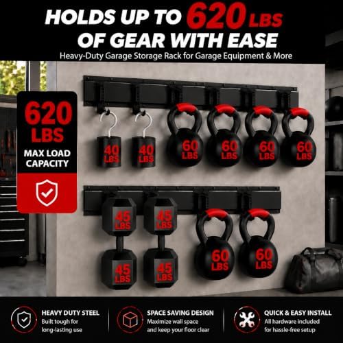 64 Inches Garage Tool Organizer Wall Mount, Tool Storage Rack Wall Mount, Heavy Duty Garden Wall Organizer System for Yard, garage and Shed, Tool Holder for Hanging Rake Snowboard Broom Mop - Image 2
