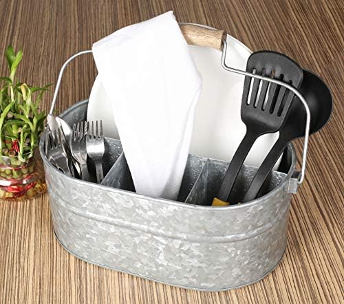 Alpha Living Home Galvanized Metal Utensil Caddy - Rustic Farmhouse Organizer Metal Garden Caddy with 4 Compartments and Wooden Handle for Kitchen, Buffet & Outdoor Events (Silver) - Image 4