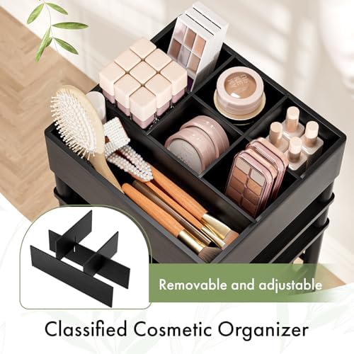 Amazer Bamboo Makeup Organizer Cart with 3 Drawers, Floor Skin Care Storage for Bathroom Bedroom, Rolling Vanity Organizer Cart for Cosmetic, Nail Polish, Perfume and Hair Tools, Black - Image 3