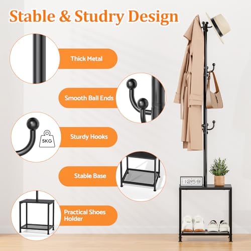 Hall Tree with Bench and Shoe Storage, Coat Rack Freestanding Coat Rack Shoe Bench, Corner Coat Hanger Stand Standing Hat Rack, Tree Stand Purse Rack Tree Black Coat Racks with Shelf - Image 3