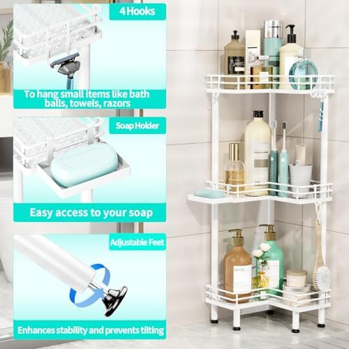 HapiRm Corner Shower Caddy Standing - 3 Tier Shower Organizer Corner with Soap Holder, Rustproof Bathroom Standing Organizer with 4 Hooks, White - Image 2