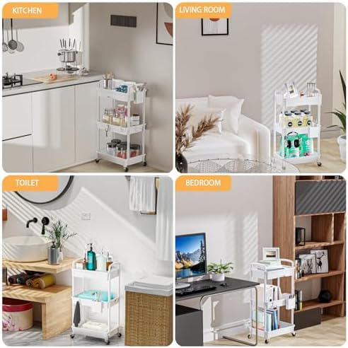 3 Tier Rolling Utility Cart with Drawer,REBECAT Utility Cart Made of Multifunctional Storage Organizer Tool for Kitchen,Bathroom,Living Room,Office(White) - Image 6