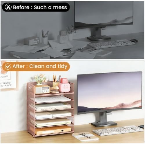 6 Tier Paper Organizer with Handle,Construction Teacher Desk Decor,Rose Gold - Image 5