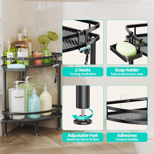 HapiRm Standing Corner Shower Caddy - 2 Tier Shower Organizer Corner with Soap Holder and 2 Hooks, Rustproof Bathroom Storage Shelves with Adhesives, Black - Image 2