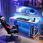 ODK 48 Inch Gaming Desk with LED Lights & Storage Shelves, White - Image 6