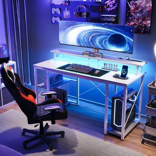 ODK 48 Inch Gaming Desk with LED Lights & Storage Shelves, White - Image 6