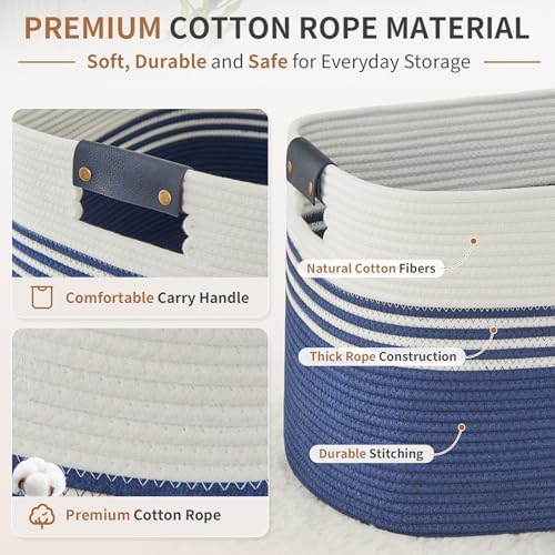 Laundry Hamper with Handles, 72L Rope Laundry Basket, Dark Blue & White - Image 3