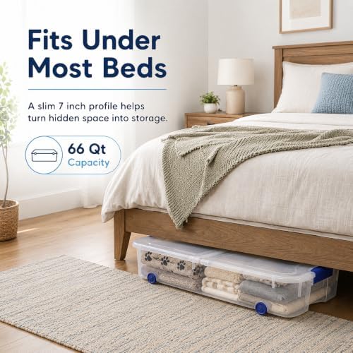 66 Qt Underbed Storage Bin with Wheels, Clear Organizer for Blankets - Image 4