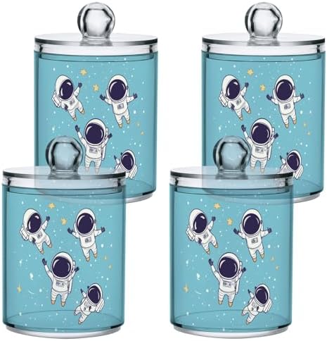 Fustylead 4 Pack Cute Astronauts in Space Qtip Holder Dispensers for Cotton Swab, Ball, Round Pads, Floss, Plastic Apothecary Jar Set for Bathroom Canister Storage by Fustylead
