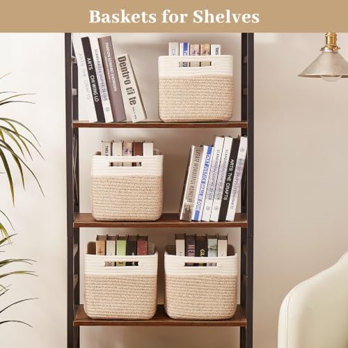 OIAHOMY 4 Pack Storage Basket, 13"x9"x7.8" Cotton Rope Baskets for Shelves, Closet Organizer for Bedroom & Living Room, Soft Decorative Bins for Organizing Towels, Books & Toys, Brown & White - Image 6
