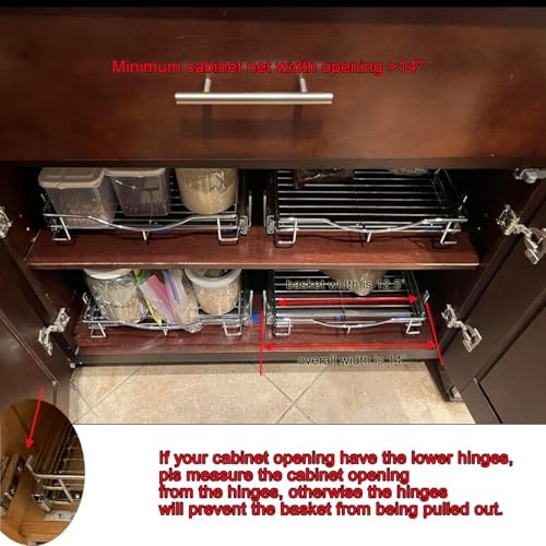 DINDON Pull Out Cabinet Organizer, (14" W x 18" D) Heavy-Duty Metal Sliding Drawer Shelf, Bathroom Under Sink Kitchen Cabinets Organizer and Storage Slide Out Shelves, Chrome, 1 Tier, 2 Pack - Image 3