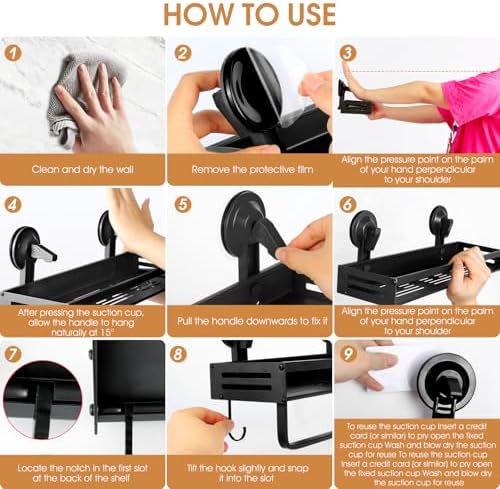 Suction Cup Shower Caddy with 5 Hooks & Towel Rrack 15.7inch Black - Image 4