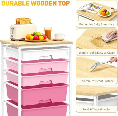 SUNALLY Rolling Carts With 5 Drawers, Storage Drawer Carts for Craft, Pink - Image 4