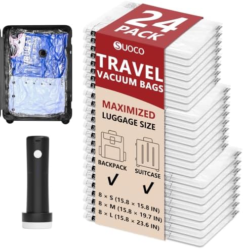 Travel Vacuum Bags for Clothing with Cordless Pump 24 Combo, Clear by SUOCO