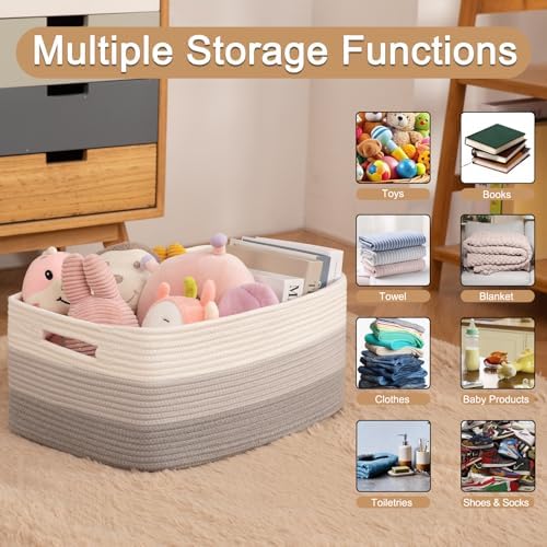 OIASKET Large Storage Basket for Organizing, Woven Rope Basket for Shelves, Closet Organizer Bins for Clothes, Blanket, Toys, Baby Nursery Storage, 17.7" x 13" x 7.87", 2 Packs Gradient Grey - Image 3