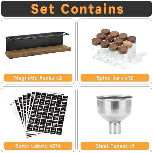 Wooden Lid Magnetic Spice Rack with 12 Jars, 216 Labels, 1 Steel Funnel for Refrigerator，Microwave Oven - Full Set of Spice Organizer - Image 2
