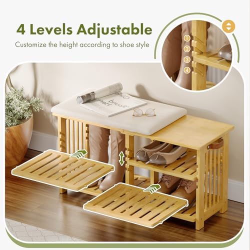 Amazer Bamboo Shoe Rack Bench, 3-Tier Shoe Bench Height Adjustable, Entry Bench with Side Storage Strap, Shoes Organizer Storage Bench, Shoe Shelf with Seat Cushion for Entryway, Living Room, Hallway - Image 4