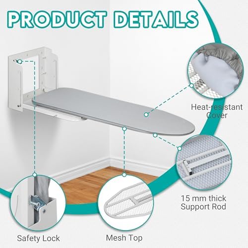 Zoes Homeware Wall Mounted Ironing Board, 180 Rotation, Space-Saving Fold Down, 36" x 12", Silver - Image 4