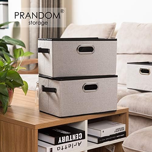 PRANDOM Large Fodable Storage Bins for Closet [3-pack] Decorative Linen Fabric Storage Bins Cubes with Leather/Metal Handles for Shelves Bedroom Living Room Light Grey (14.9x9.8x8.3 Inch) - Image 2