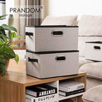 PRANDOM Large Fodable Storage Bins for Closet [3-pack] Decorative Linen Fabric Storage Bins Cubes with Leather/Metal Handles for Shelves Bedroom Living Room Light Grey (14.9x9.8x8.3 Inch) - Image 2