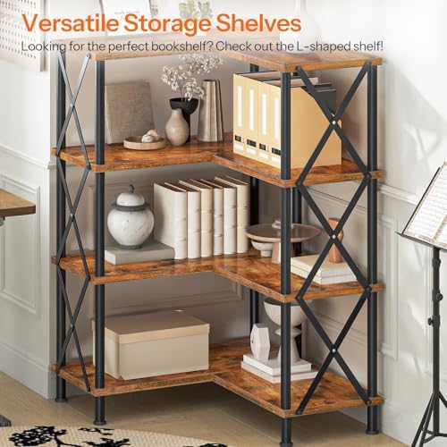HOOBRO Corner Bookshelf, 4-Tier L-Shaped Bookcase, Industrial Open Display Shelf Tall Storage Organizer, Vertical Storage Rack, for Living Room, Home Office, Rustic Brown and Black BF59SJ01 - Image 5