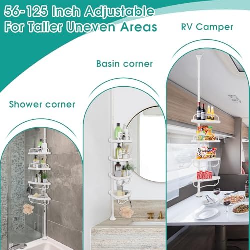 Corner Shower Caddy:125" Adjustable Inside Tension Shower Organizer Tension Pole,Rustproof Bathroom Organizer Shelves for Bathtub Shampoo Conditioner Storage,Floor to Ceiling Standing Showering Rack - Image 2