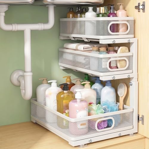 Under Sink Organizer, 3-tier Under Sink Storage Organizer Adjustable Height Easy Assembly Pull Out Cabinet Organizers Basket for Bathroom Kitchen Pantry Home Organization by Unknown