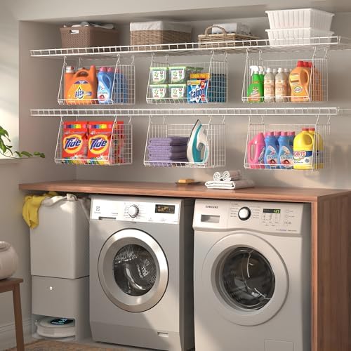 3-Pack Large Hanging Laundry Basket: Wire shelves for Laundry Room Organization with 360°Rotating Hooks Foldable Space Saving Over Washer and Dryer Shelves -Metal Laundry Basket Holder, White Patent - Image 4