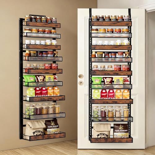 9 Tier Over the Door Pantry Organizer 2 IN 1 Hanging or Wall Mounted Spice Rack with Adjustable Basket,Heavy Duty Seasonning Storage Shelf for Kitchen Pantry and Bathroom Black by Clothink