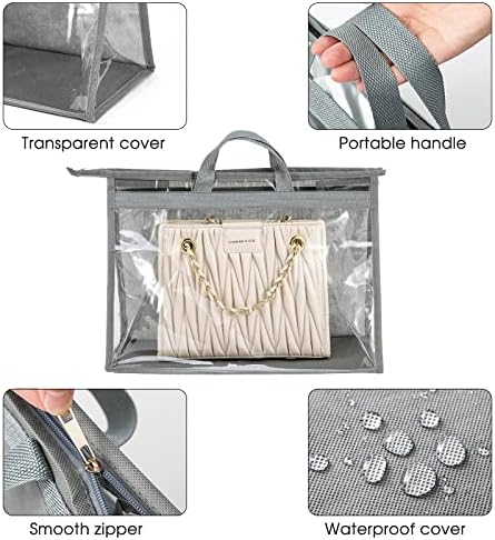 10 Set Handbag Storage Organizer Dust Bags for Purses Handbags Closet, Clear Purse Protector Storage Bag Dust Cover for Bags, Closet Organizer for Handbags with Hooks, Grey - Image 3