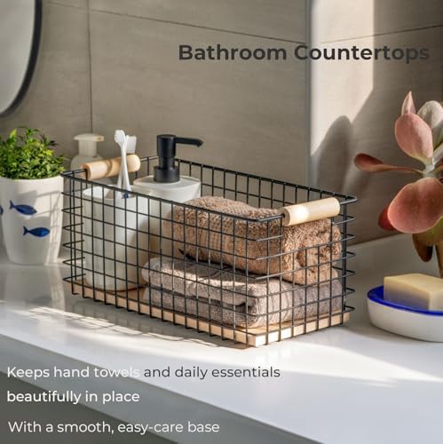 2-Pack Wire Baskets 12.8" x 6.25" Solid Wood Handles Organizer - Image 3
