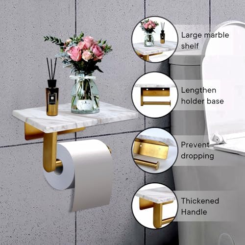 Toilet Paper Holder with Natural Marble Shelf for Bathroom Washroom,Wall Mounted Tissue Holder Suitable for Mega Roll (Brushed Gold, Middle 7.87 * 4.72 in) - Image 3