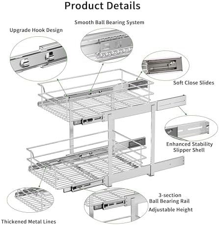 EZKAZA Pull Out Cabinet Organizer for Kitchen Utensil 17.5" W x 21" D, 2-Tier Cabinet Pullout Shelves and Drawer Organizer Slide Out Pantry Storage Basket, Bottom Basket 16.2" W x 20.4" D x 4.7" H - Image 2