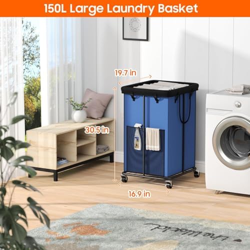 Laundry Hamper with Wheels, 150L Rolling Laundry Basket with Bag & Handles - Image 2