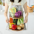 WILDMOS 2 Tier Fruit Bowl - Sturdy Iron Wire Fruit Basket with Real Wood Base, 12 Inch Large Fruit Basket for Kitchen Counter, Anti-Slip Silicone Pads, 2 Tier Fruit and Vegetable Storage Solution - Image 6