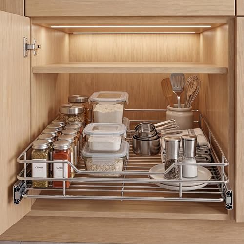 Garvee Pull Out Cabinet Organizer, 12" W X 21" D, Heavy Duty Slide Out Kitchen Organizers and Storage, Full-Extension Roll out Shelf and Drawer for Pots, Pans & Under Sink Storage, Chrome Finish - Image 3