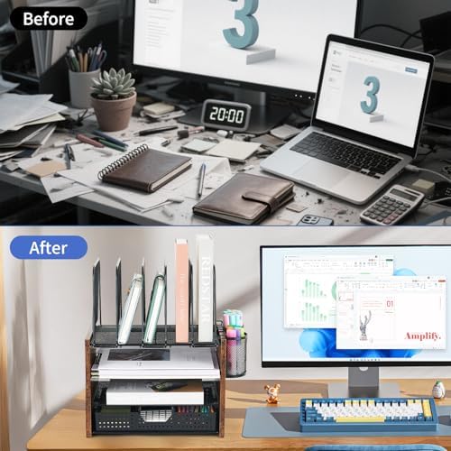 AUPSEN Desk Organizer with 5 Vertical File Holders, Storage Drawer & 2 Pen Holders, 5 Trays Paper Letter Tray Organizer, Mesh Desk Organizers and Accessories for Home Office (Vintage wood) - Image 4