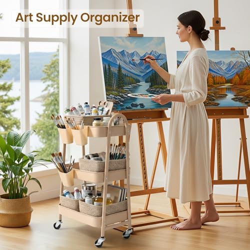 3-Tier Rolling Utility Cart with 4 Woven Baskets, Diaper Book Snack Cart, Storage Organizer for Nursery, Kitchen, Craft Room, Home SPA, Living Room, Metal Frame Trolley on Lockable Wheels, Brown - Image 4