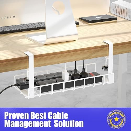 Under Desk Cable Management Tray 2 Pack, Xpatee Upgraded Wire Management No Drill No Screws, Cable Tray with Clamp for Wire Organizers, Computer Cord Rack for Office, Home - No Damage to Desk White - Image 6