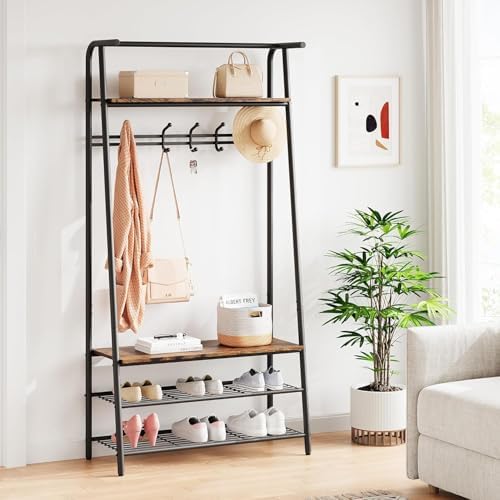 OUTLANE Entryway Hall Tree with 5 Hooks, Shoe Bench & Storage Shelf, Coat Rack Organizer with Wood Accents and Metal Frame for Entryway, Living Room, Bedroom, Rustic Brown-Single row - Image 4