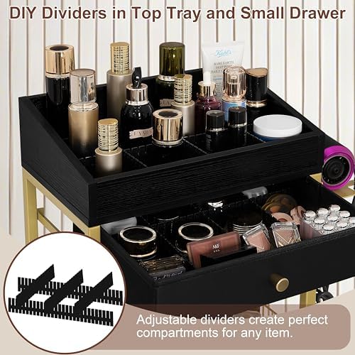 Makeup Organizer Cart, 3 Drawers, Vanity Organizer, Gold & Black - Image 4