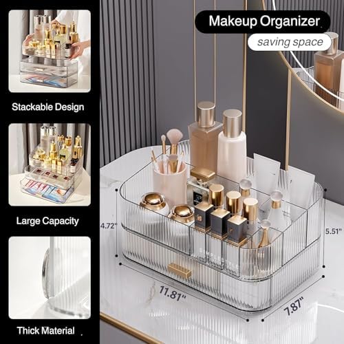 Clear Makeup Organizer for Vanity, Large Desk Organizer with Stackable Drawer for Cosmetics, Skincare, Lipsticks, Palette, Nail Care, Ideal Storage for Dresser and Bathroom Countertop - Image 4