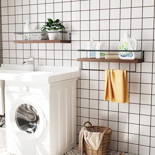Wood Floating Shelves Wall Mounted - 2+1 Tier Rustic Bathroom Wall Shelves Over Toilet with Towel Bar, Natural Wood Set of 2 Farmhouse Floating Shelf for Bathroom, Kitchen, Bedroom, Dark Brown - Image 5