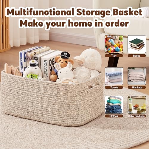 OIAHOMY Storage Basket for Shelves, Closet Cube Storage Bins Baskets for Clothes Blanket Towels, Baby Nursery, Toy Baskets Box, Woven Rope Basket, 17.72 * 12.99 * 7.87 IN, 2 Packs Brown - Image 4