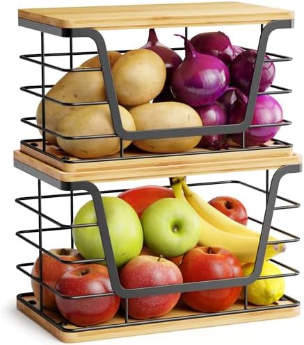 ALOCEO 2 Pack Large Garbage Bag Dispenser for 13/30/33 Gallon Bags, Potato and Onion Storage Baskets with Bamboo Lid, Stainless Steel Stackable Storage Bins for Kitchen Laundry Pantry Room by ALOCEOWallHooksAdhesive